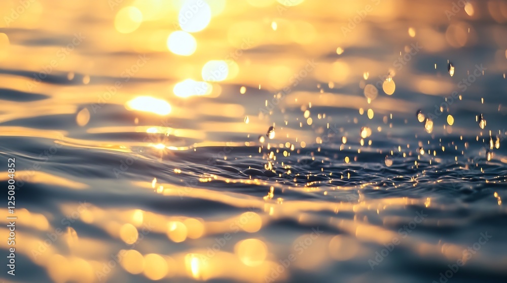 Poster glimmering water droplets creating a stunning bokeh effect during sunset on a serene lake : generati