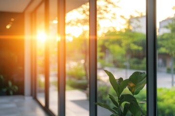 Fototapeta premium Sunlight streaming through large windows illuminating a modern interior with greenery