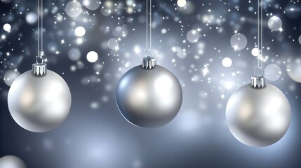 Silver and gray Christmas ornaments hanging against a sparkling background