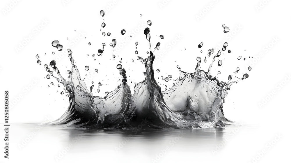 Poster Vibrant water splash and droplet burst creating dynamic movement and energy against a clean white background  This abstract image showcases the natural force and fluid motion of water in a style