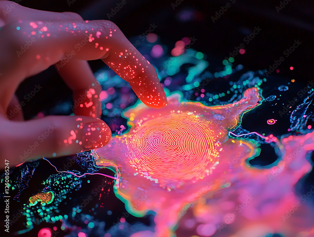 Poster a finger traces a vibrant, glowing fingerprint on a futuristic, interactive surface. neon hues and d