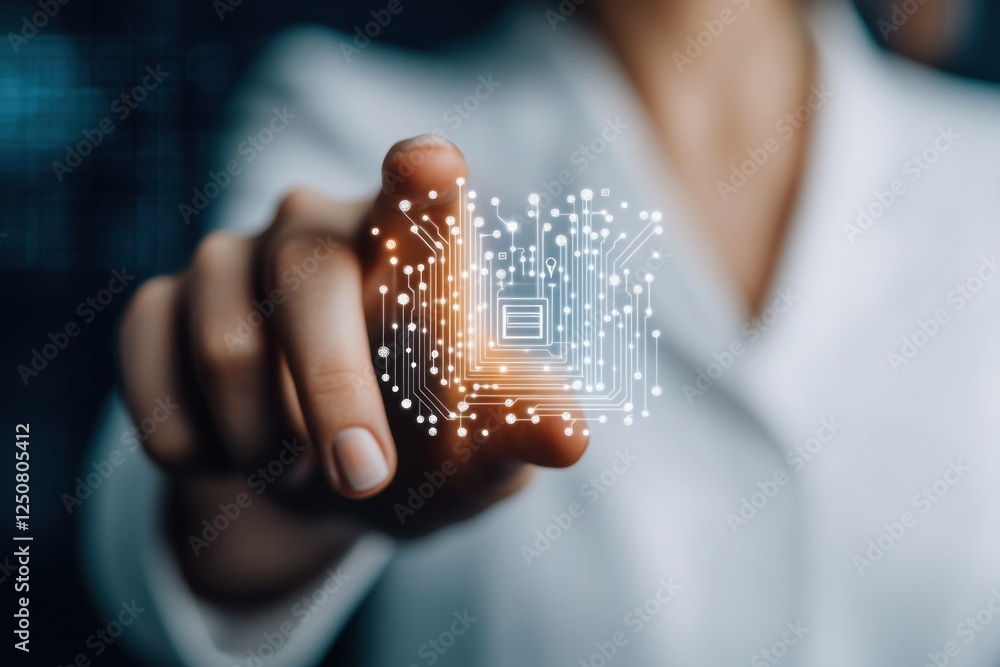 Poster close up of a woman s hand touching a glowing microchip, symbolizing technology and innovation, with