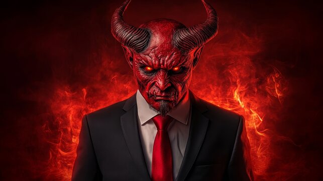 Corporate Devil in Suit A Powerful Portrait with Fiery Background and Dramatic Lighting