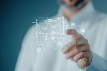Business professional interacting with digital interface, showcasing technology concepts with futuristic graphics and a blue background for corporate themes