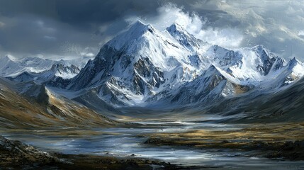 Obraz premium Majestic Snow-Capped Mountains Under Dramatic Cloudy Sky