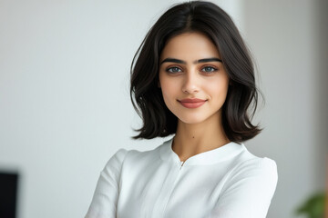 Obraz premium Indian gorgeous woman with shoulder-length brown hair, fair skin, and blue eyes, wearing a white blouse and black pencil skirt in a corporate office