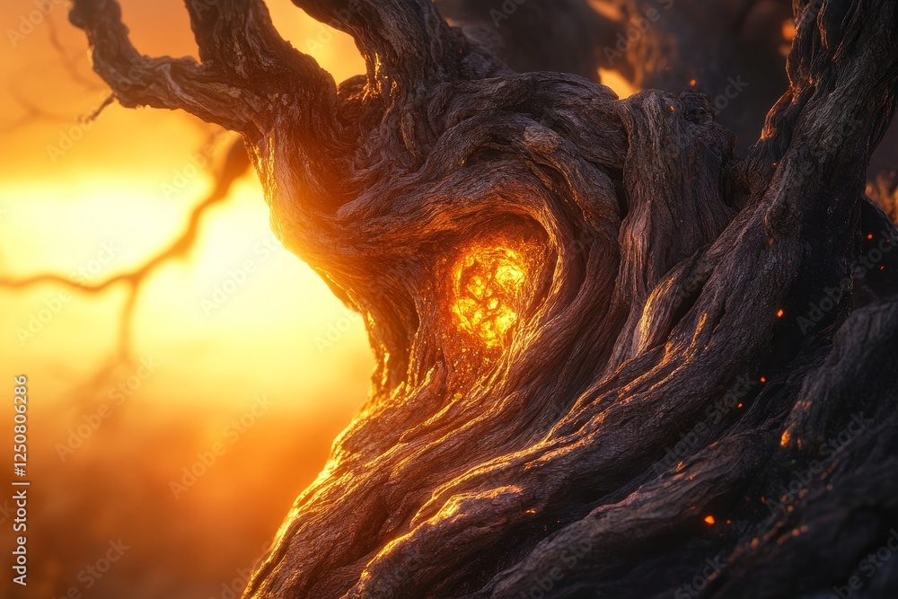 Poster close up of a twisted, weathered tree trunk with a glowing sunset in the background