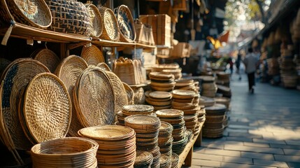 Traditional Market with Handmade Woven Baskets and Plates Display