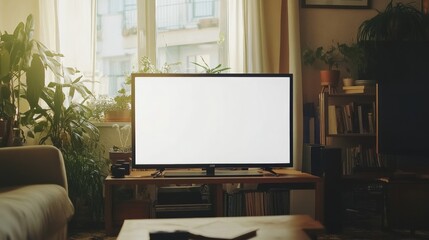 white tv screen in a apartment of a young adult living room soft shadows slightly blurred sunny day