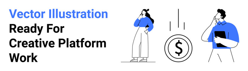 Two people thinking, representing decision-making and financial opportunities, alongside a dollar coin graphic. Ideal for business, freelancing, finance, career planning, brainstorming, startups