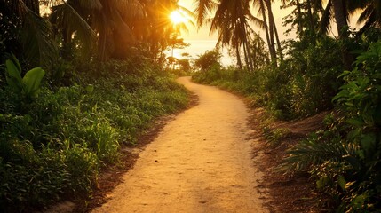 Tropical Pathway Winding Through Lush Jungle at Sunset