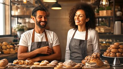 A smiling couple stands behind a display of assorted baked goods in a cozy bakery, showcasing their passion for baking and warm hospitality.