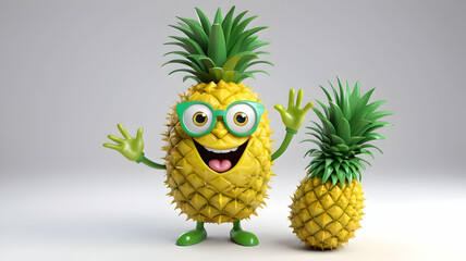 Happy cartoon pineapple with glasses greets smaller pineapple against a light gray background; perfect for children's book illustrations