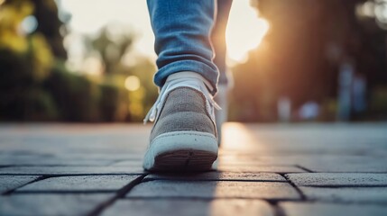 Fototapeta premium Individual Walking on Cobblestone Pathway with Sunlight in Background Creating a Peaceful Scene : Generative AI