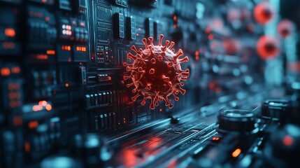  A highly detailed conceptual illustration of a glowing red virus particle infecting a futuristic circuit board. The image symbolizes the dangers of cyber threats, malware, and digital infections in m