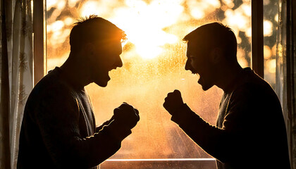 Dramatic silhouette of two men arguing intensely by a sunlit window.  Perfect for illustrating conflict, disagreement, tension, or brotherly dispute.  Use in film, articles, or social media.