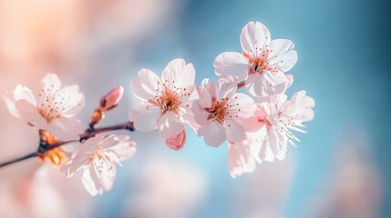 Delicate Cherry Blossoms in Full Bloom, Soft Focus, Blue Sky Backdrop, Essence of Springtime
