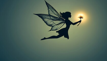 Fototapeta premium A Fairy Silhouette Soaring With A Glowing Flower