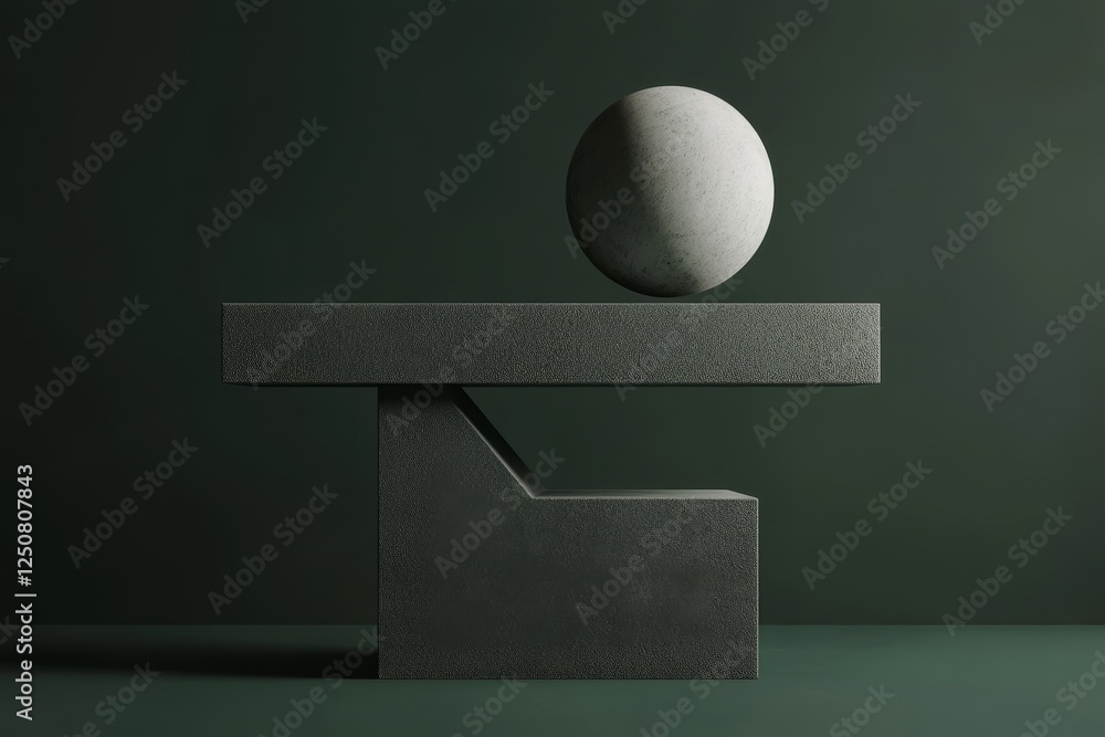 Poster minimalist 3d composition of balanced geometric shapes cube and sphere on dark green background