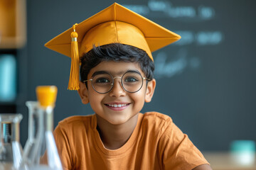 A bright, prodigy Indian boy wearing a graduation cap and round eyewear, standing confidently with a playful yet curious expression.