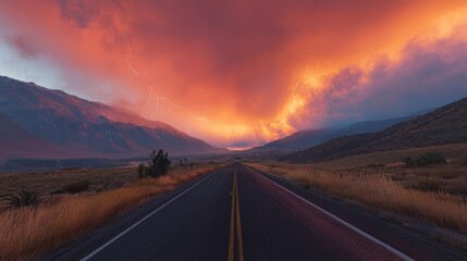 Dramatic sunset with lightning over an empty highway in a mountainous landscape