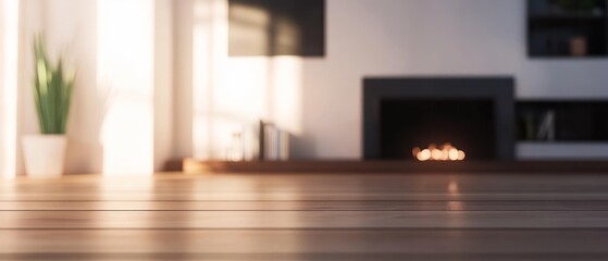 Cozy modern living room with a fireplace, plants, and warm lighting ambiance