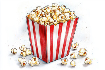 A colorful drawing of popcorn in a striped box.