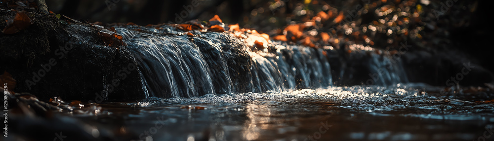 Poster A serene image of a gentle waterfall cascading over smooth stones, surrounded by vibrant foliage. Sunlight filters through the trees, creating a peaceful and tranquil atmosphere.