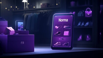 Digital illustration of an online shopping app interface with cozy atmosphere and colorful products