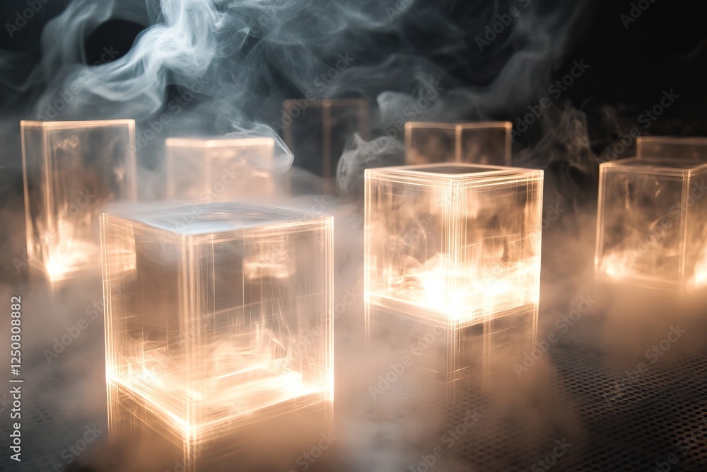 Aufkleber ethereal atmosphere with rotating transparent cubes and soft light trails in a smoky background