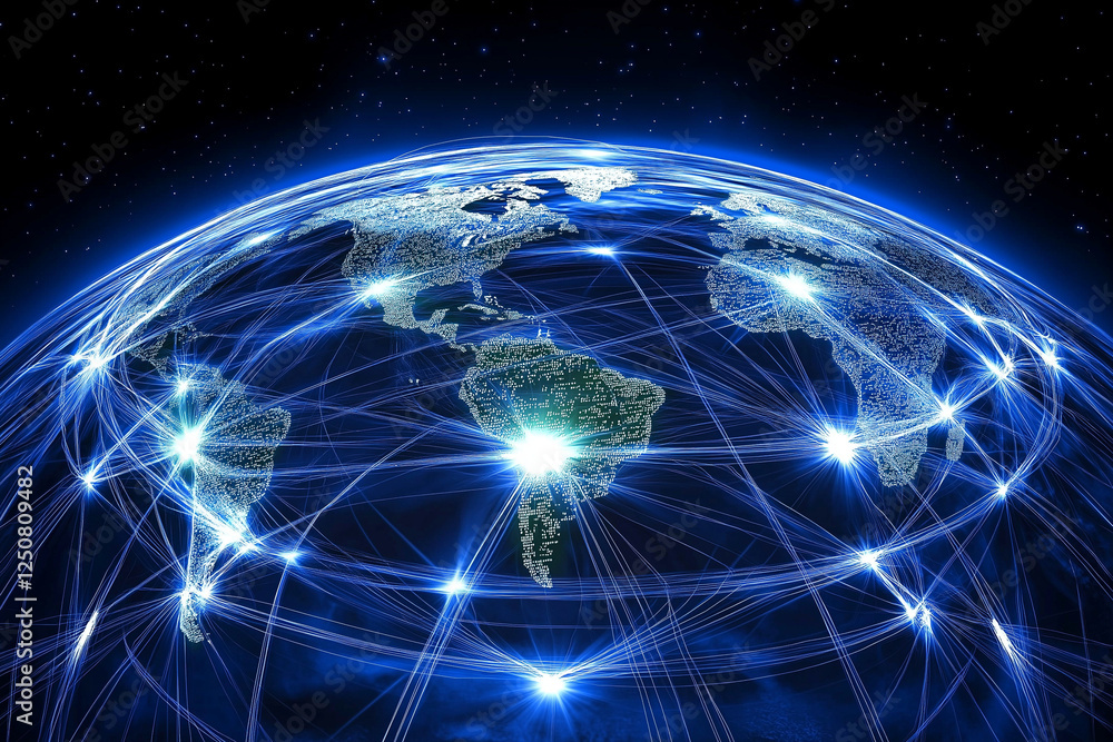 Poster global digital network, spinning earth from space with virtual connections linking cities across the