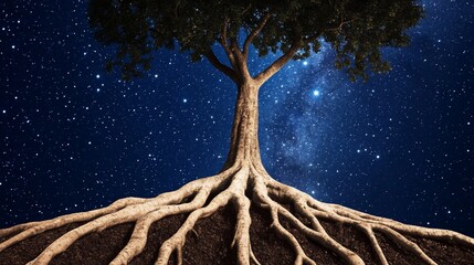Night sky, majestic tree, roots, earth, growth, concept, design, background, illustration, website
