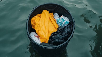 A floating trash bin filled with discarded items, including clothing and plastic waste, highlighting the pollution challenge in water bodies