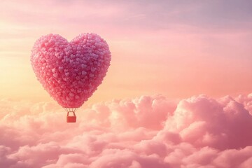 Fototapeta premium Heart shaped hot air balloon flying above pink clouds at sunset