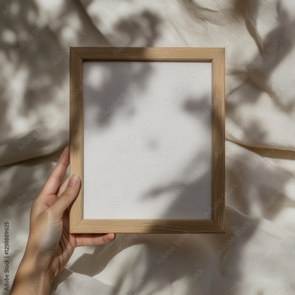 Poster hand holding empty frame with shadows on fabric background