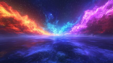 Vibrant cosmic landscape with swirling colors above a tranquil ocean at night
