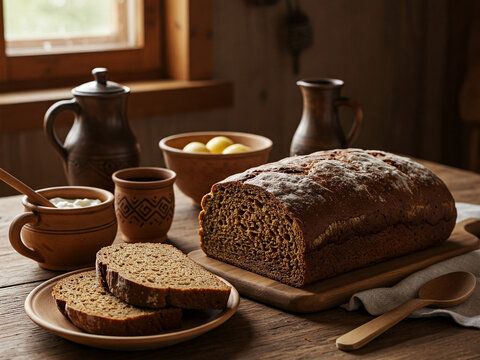 A photograph captures a traditional Latvian meal, Rupjmaize, served on a rustic wooden table in a cozy farmhouse setting.