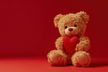 Cute smiling plush teddy bear with heart in red room. Background with shadow reflection. Playful bright bear sitting.