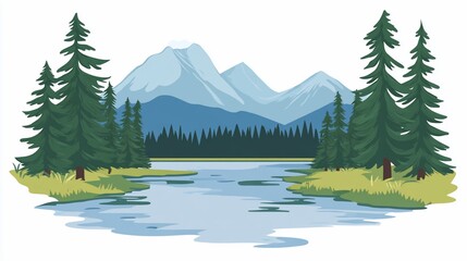 Serene Mountain Lake Landscape with Evergreen Trees and Tranquil Waters  Vector illustration