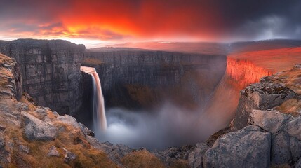 Dramatic waterfall at sunset, Icelandic canyon, vibrant colors, dramatic sky