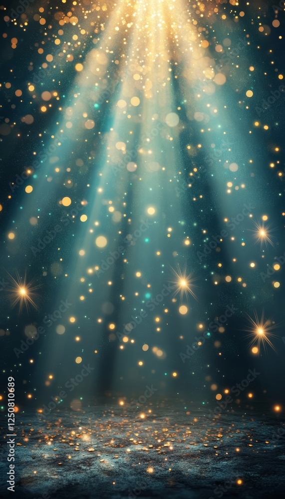 Poster rays of hope abstract background with converging light beams, bokeh circles and glowing particles