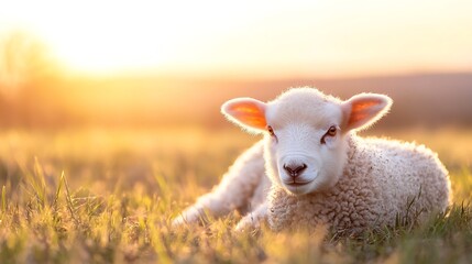 Obraz premium Cute fluffy lamb resting in a sunlit meadow with soft grass in the background : Generative AI