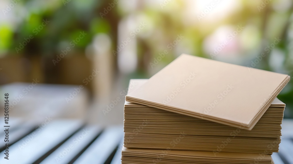 Aufkleber neatly stacked blank sheets of paper sitting on a wooden table illuminated by warm natural light : g