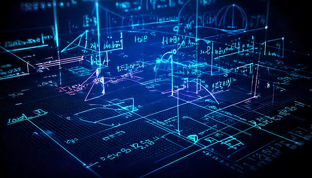 Abstract digital data visualization. Glowing blue and purple lines and equations create a futuristic, technological feel. Ideal for tech, science, AI, and data analysis projects.