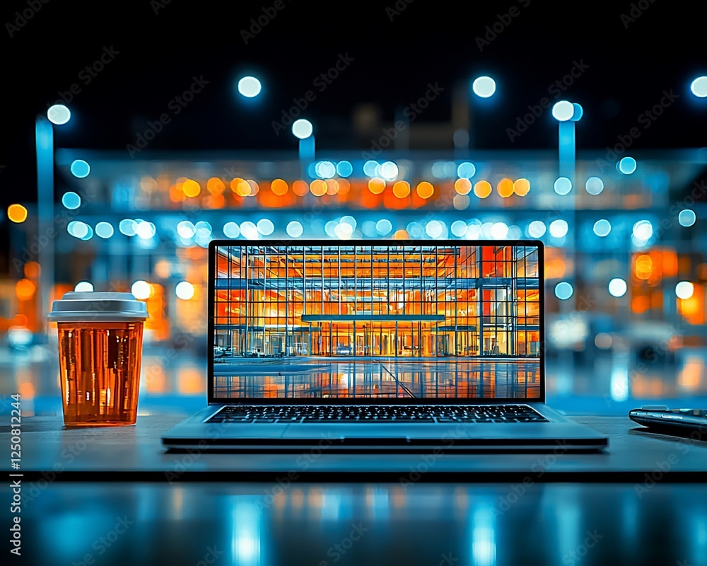 Poster laptop displaying modern architecture at night