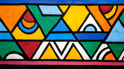 Fototapeta premium Bright triangles and circles create an abstract artwork, enhancing the urban landscape with color