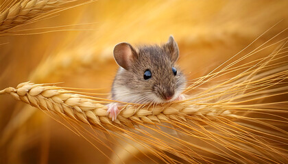 Adorable house mouse nestled amongst golden wheat stalks.  Perfect for nature, harvest, agriculture, or children's themes. Captivating close-up shot with soft, warm lighting.