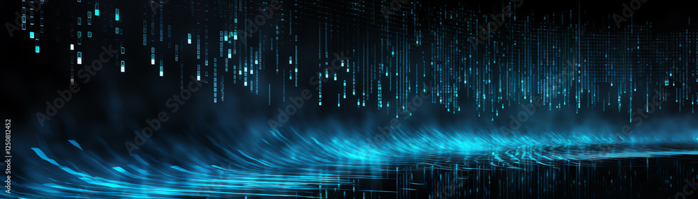 Poster a striking digital abstract image featuring vibrant blue beams and lights creating a mesmerizing wav