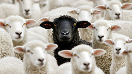 A single black sheep stands out prominently among a dense flock of white sheep.