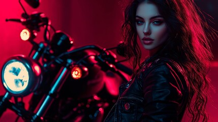 Stylish woman poses beside a motorcycle in vibrant lighting at night in an urban setting